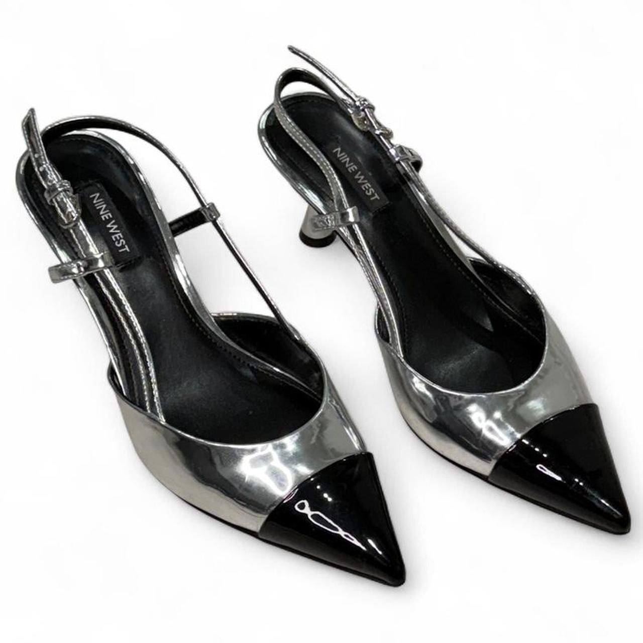 Nine West Pointed Toe Metallic Chrome Adjustable Strapped Fabele3 Kitten Heel Slingback Pumps Silver Black