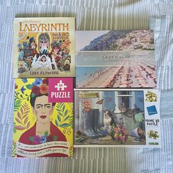 Lot of 3 Puzzles And Bonus Book 3D Cat, Gray Malin Double Sided, Frida Kahlo, Labyrinth ABC Story Book