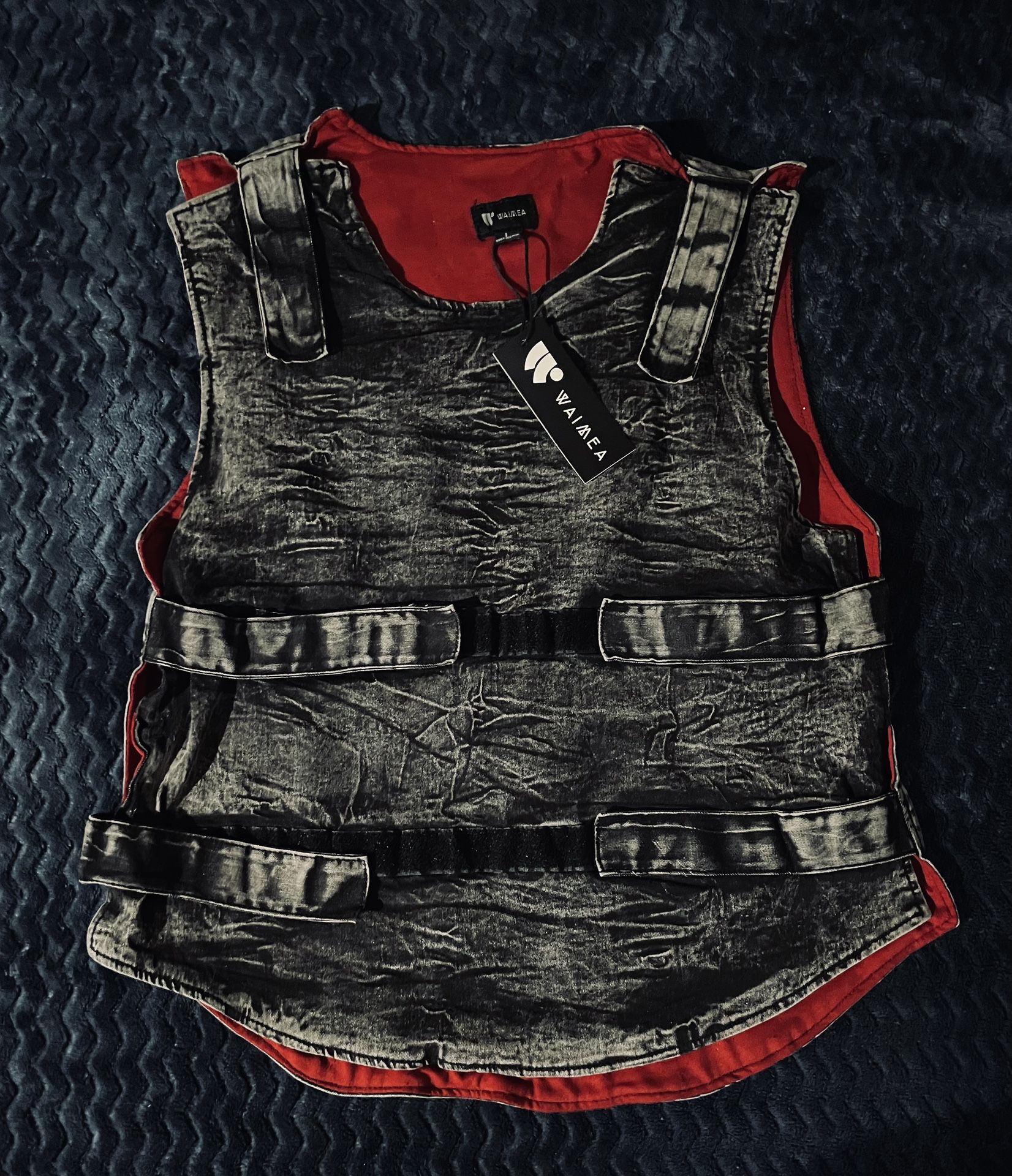 Waimea Denim Vest Jean Large Sleeveless Straps Pockets Distressed