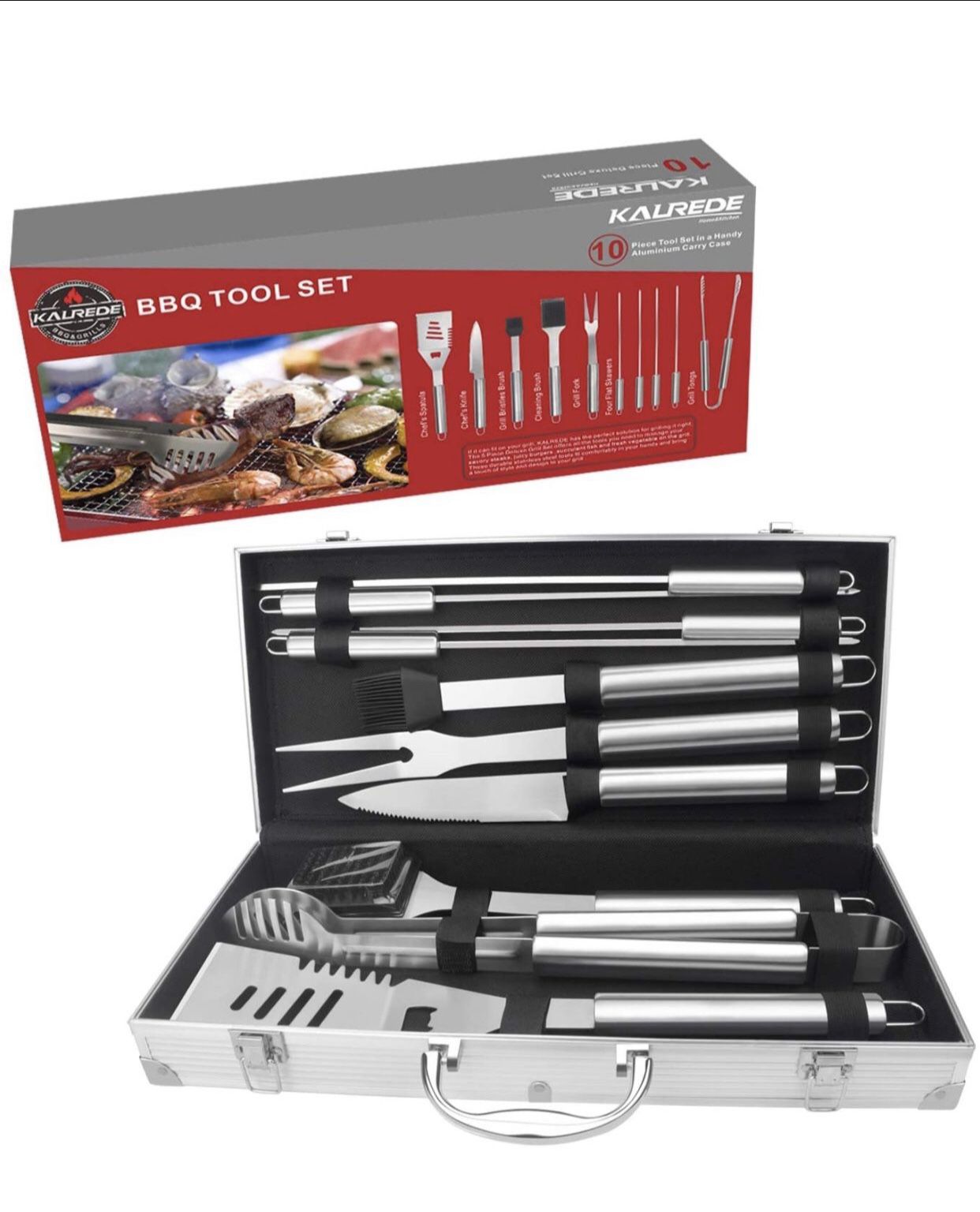 KALREDE BBQ Tools Set,10-Piece Grill Tools Set,Stainless Steel Barbecue Grilling Utensils-Include Spatula,Tongs,Meat Fork,Cleaning Brush and Silicone 