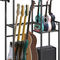 Guitar Stand, Multi-Guitar Rack, for Acoustic, Electric Guitar, Bass, Ukulele, Banjo, for 5 Guitars, Guitar AMP Stand, Record Rack, with Guitar Access