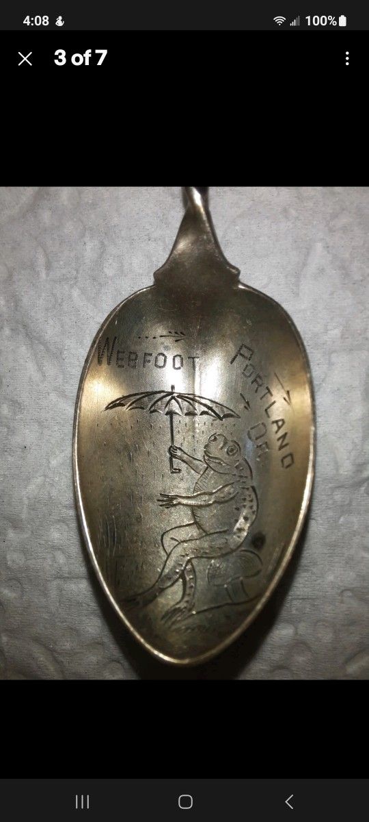Sterling Silver 1900s Souvenir Spoon Webfoot Portland Oregon Frog Umbrella Antique
