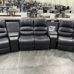 New 4 Reclining Home Theatre Sectional.  Black Or Brown Leather.  138” X 38”.  Free Delivery!