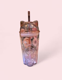 Starbucks South Korea 2026 Cherry Blossom Sakura Pink Cat Cup Glass with Flower bottom "Spring Encounter" series 16.9fl oz. | 500ml