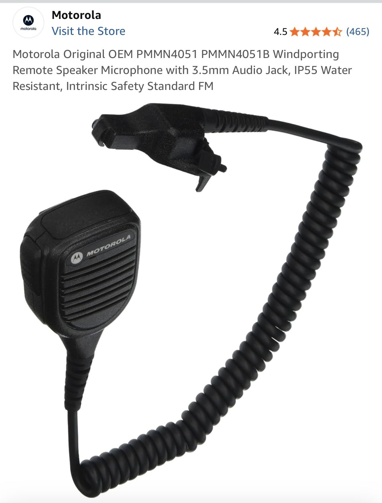 Motorola Original OEM PMMN4051 PMMN4051B Windporting Remote Speaker Microphone with 3.5mm Audio Jack, IP55 Water Resistant, Intrinsic Safety Standard