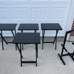 5 Pc Foldable Snack Wood Tables Set with Rack- Black 