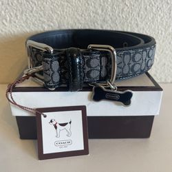 NEW COACH LEATHER BLACK GRAY JACQUARD SIGNATURE DOG PET COLLAR Size 17”-21”