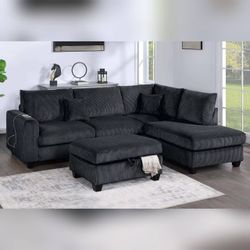 Black Corduroy sectional sofa with ottoman