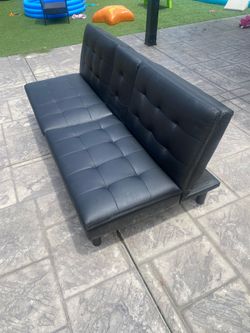 Black Faux Leather Futon Sofa Bed – Convertible with Cup Holders