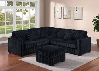 ✅️✅️4 pc Black  cordury fabric upholstered sectional sofa with ottoman✅️✅️