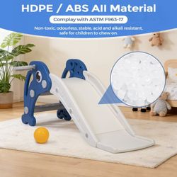 Kids slide, Blue & white 3 in 1 Toddler Slide Playset, Baby Slide with Basketball Hoop and Ball, Indoor and Outdoor Playground for Kids, NEW