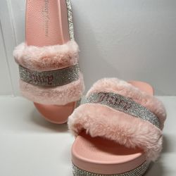 Juicy Couture Platform Rhinestone Slippers Bubble Gum Pink Fuzzy Slides Size 7