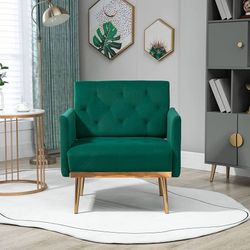  Modern Velvet Accent Chair, Upholstered Single Sofa Arm Chair with Rose Gold Metal Trim, Comfy Living Room Lounge Armchair for Relaxing, Emerald Gree