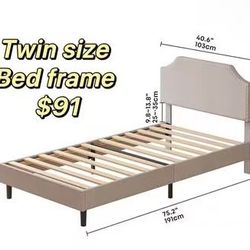 🥨Twin Size LIKIMIO Upholstered Platform Twin Bed Frame with Nailhead Trim Headboard, Height Adjustable, No Box Spring Needed, Noise-Free, Beige