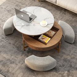 Lift-Top Designer Coffee Table with three small benches