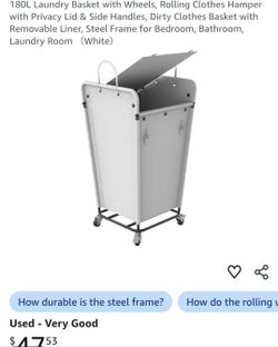 180L Laundry Basket with Wheels, Rolling Clothes Hamper with Privacy Lid & Side Handles, Dirty Clothes Basket with Removable Liner, Steel Frame for Be