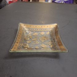 Vintage MCM George's Briard Signed Trinket/Candy Dish, 22K Gold Gilded Persian Garden W/Textured Back 5.5" Square 