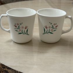 Pair of Vintage CorningWare Corelle Coffee Mugs Rosemarie Floral USA Milkglass