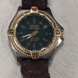Vintage Guess 1996 Gold Tone Silver Tone Brown Braided Leather Band Watch