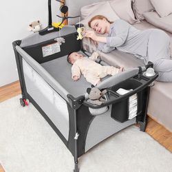Baby Bassinet 5-in-1 Pack and Play Portable Crib for Baby Bed,Multifunction Bedside Crib from Newborn to Toddlers,Pack n Play,U-Shaped Diaper Changer,