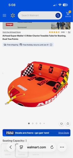 Super Mable 1-3 Rider Chariot Towable Tube for Boating, Dual Tow Points