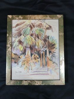 Original Framed Signed Contemporary Colorful Artwork By John Loree- Brown Orange Green Palm Tree Tropical Forest Nature