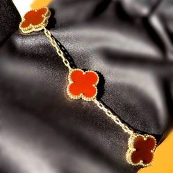 18k yellow gold Red Van cleef Alhambra style Carnelian 5 motifs clover shape stone bracelet