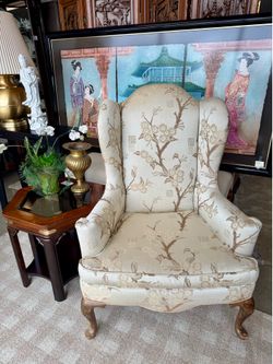 Pair of Asian-Inspired Wingback Accent Chairs – Custom Upholstery