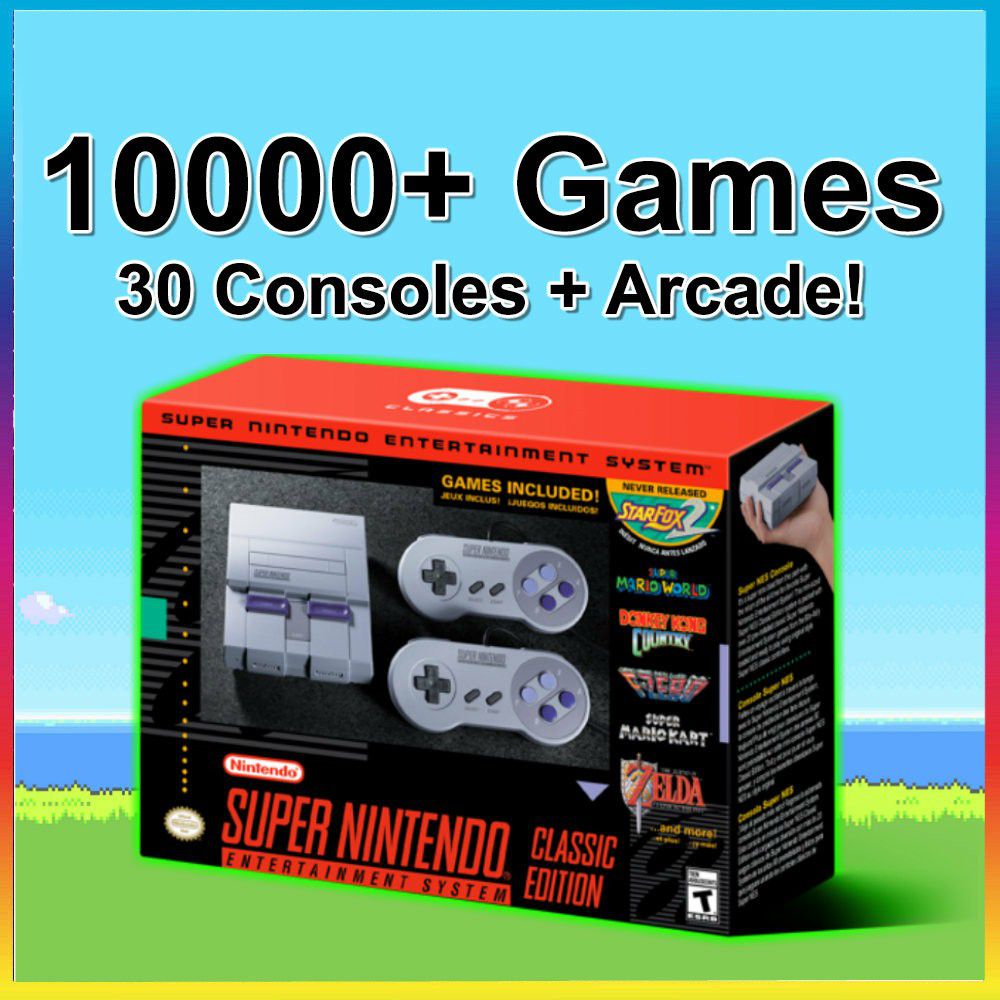 SNES Classic Modded 10000+ Games 30 Systems Super Nintendo Classic Edition Mini Retro Gaming System (PS1, N64, Arcade, Sega, NES, Mario)