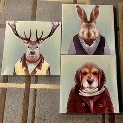 Mr. RABIT Elk and Dog Canvas  3 Prints Modern Wall Art Paintings Stretched and Framed Artwork for Room Decoration