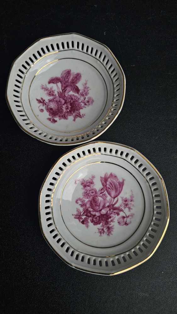 Vintage Bavaria Germany Pink Rose Reticulated Nut Candy Bowl,Gold Trim