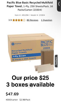 Pacific Blue Basic Recycled Multifold Paper Towel, 1-Ply, 250 Sheets/Pack, 16 Packs/Carton (23304)