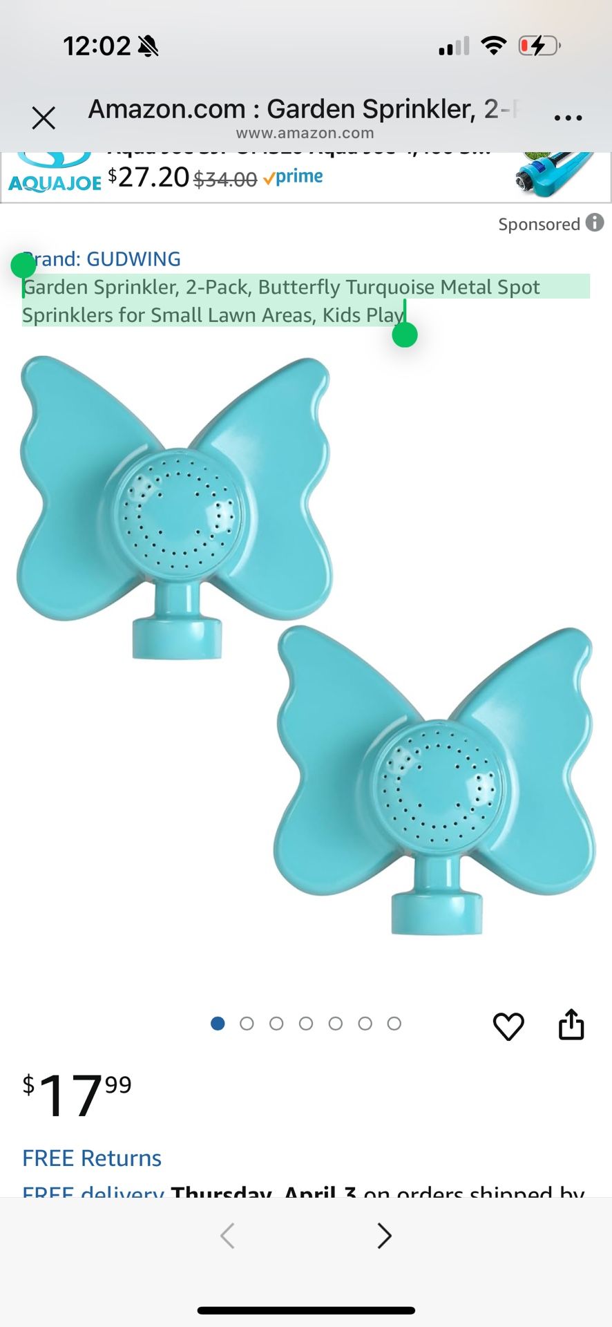 Garden Sprinkler, 2-Pack, Butterfly Turquoise Metal Spot Sprinklers for Small Lawn Areas, Kids Play