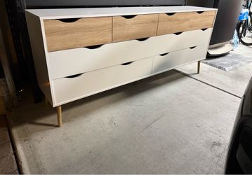 Mid-Century Modern 9-Drawer Dresser White and Oak