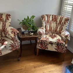 Antique Pair 2 upholster chairs, mid-century, modern floral, matching set accent, chairs, sofa, chairs, vintage sturdy durable needs cleaning 
