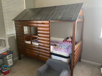 Kids Twin Log Cabin Low Loft Rustic Walnut Bed