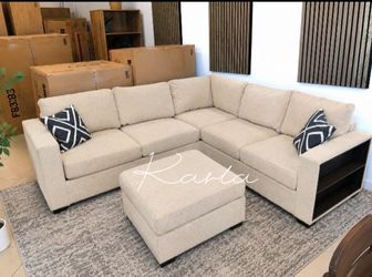 Elegant‼️4-Pc Boucle Sectional Sofa With Pullout Bed & Built in Shelf