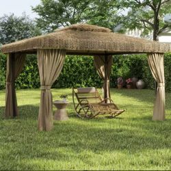 10 ft. x 12 ft. Outdoor Patio Gazebo, Hawaiian Style Thatch Roof, Aluminum Frame with Mosquito Net&Privacy Curtain