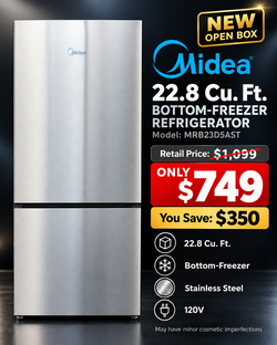 🔥 Midea 22.8 Cu. Ft. Bottom-Freezer Refrigerator – $749 – NEW OPEN BOX