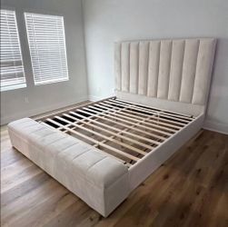 🔥Brand New Cream/Beige Luxury Upholstered Storage Bed | King & Queen Size | Tall Headboard | Modern Platform Bed Frame, Opt Mattress | Pay After Deli