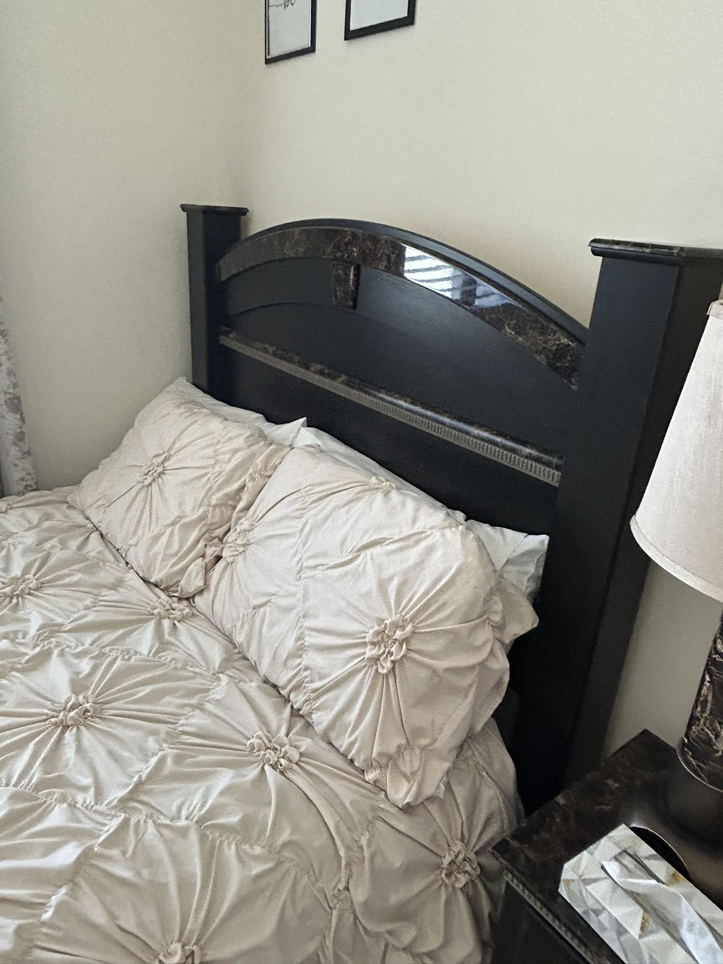 Queen Bed, Mattress, Side Table, Light, Dresser/mirror