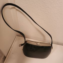 Vintage 1950s New York black patent leather handbag silver hardware detailing