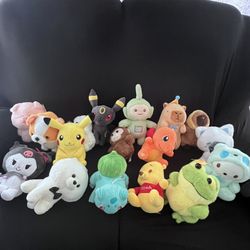 A collection of assorted plush toys, including popular characters such as Pikachu, Bulbasaur, and Charmander from the Pokémon series, along with other