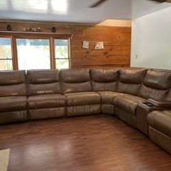 Extra Large Real Leather Couch W/ 3 Electric Loungers