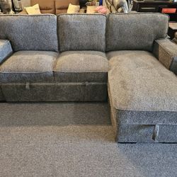 Brannd New 89" x 57" Gray Chenille Reversible Sectional With Pullout Bed And Storage Chaise
