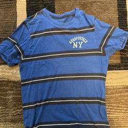 Thrift Aeropostale Men's Blue Striped Cotton Logo Short Sleeve Crew Neck T-Shirt