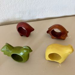 Cute Animal Napkin Rings Set - 4 Wood, 4 Ceramic
