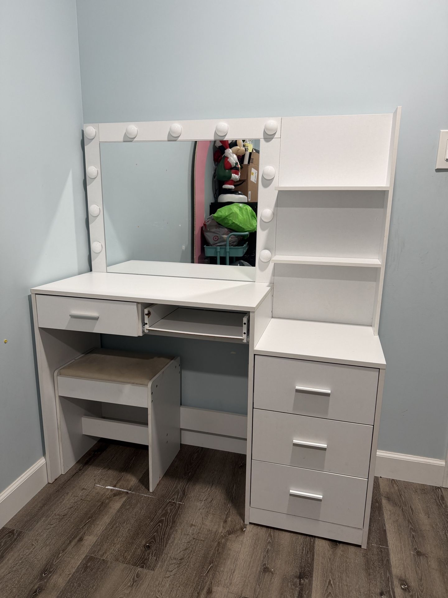 White Vanity with Hollywood Lights + Stool