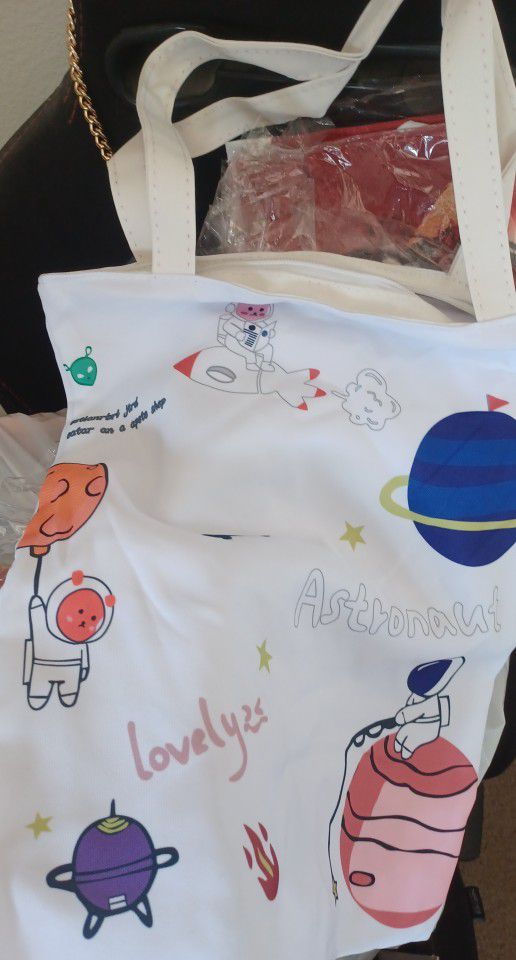 white Tote Bag with outer space design
