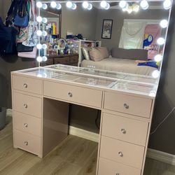 Vanity Makeup Glass Top With Large BtMirror, three fabulous double drawers, drawers deep